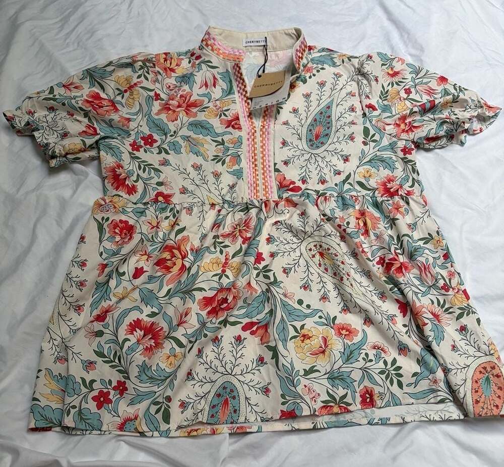 CHERYBETTY Floral Print Puff Sleeve Blouse with Plaid Trim